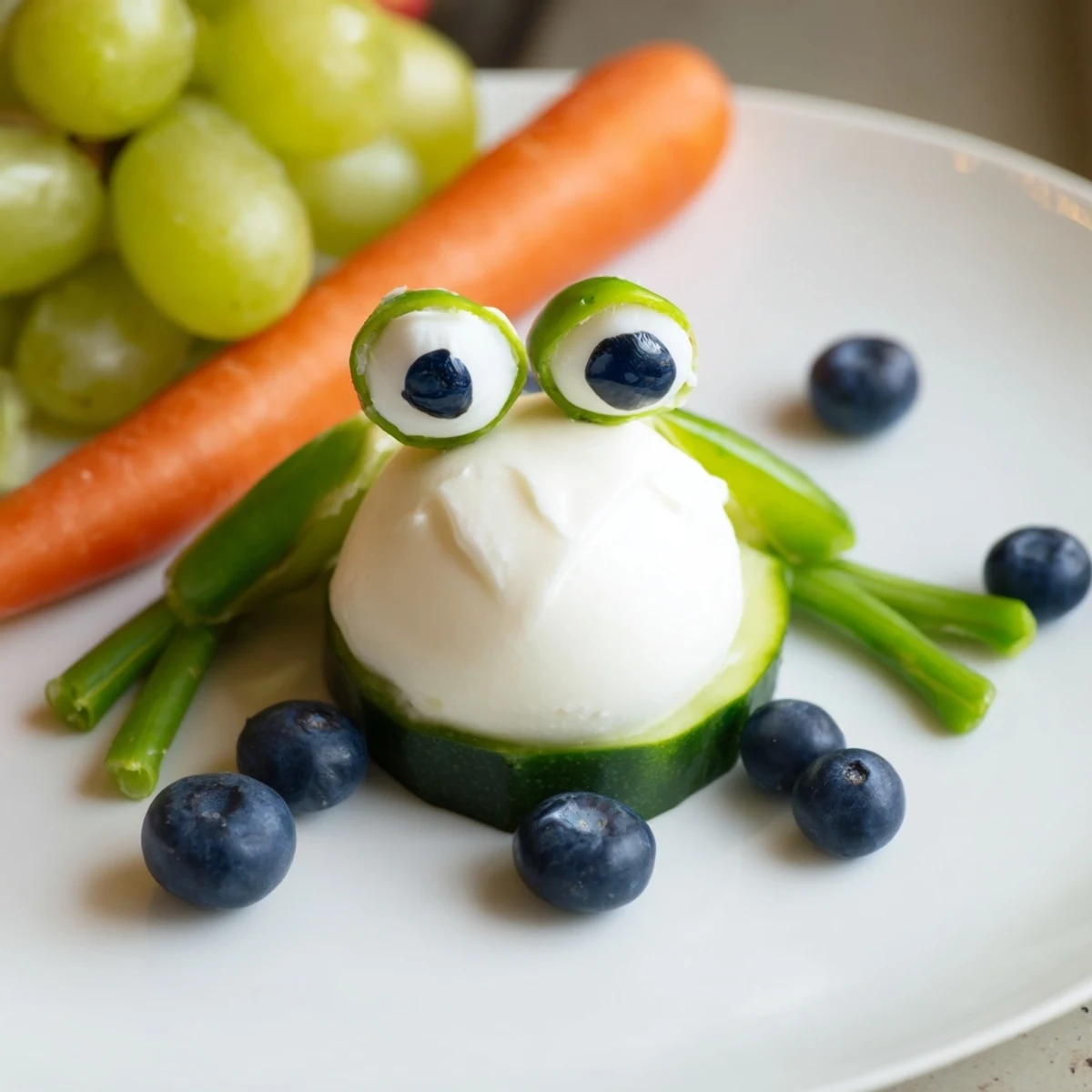 Frog Pond Snack Tray featuring whimsical frog-shaped snacks with colorful fruits and vegetables.