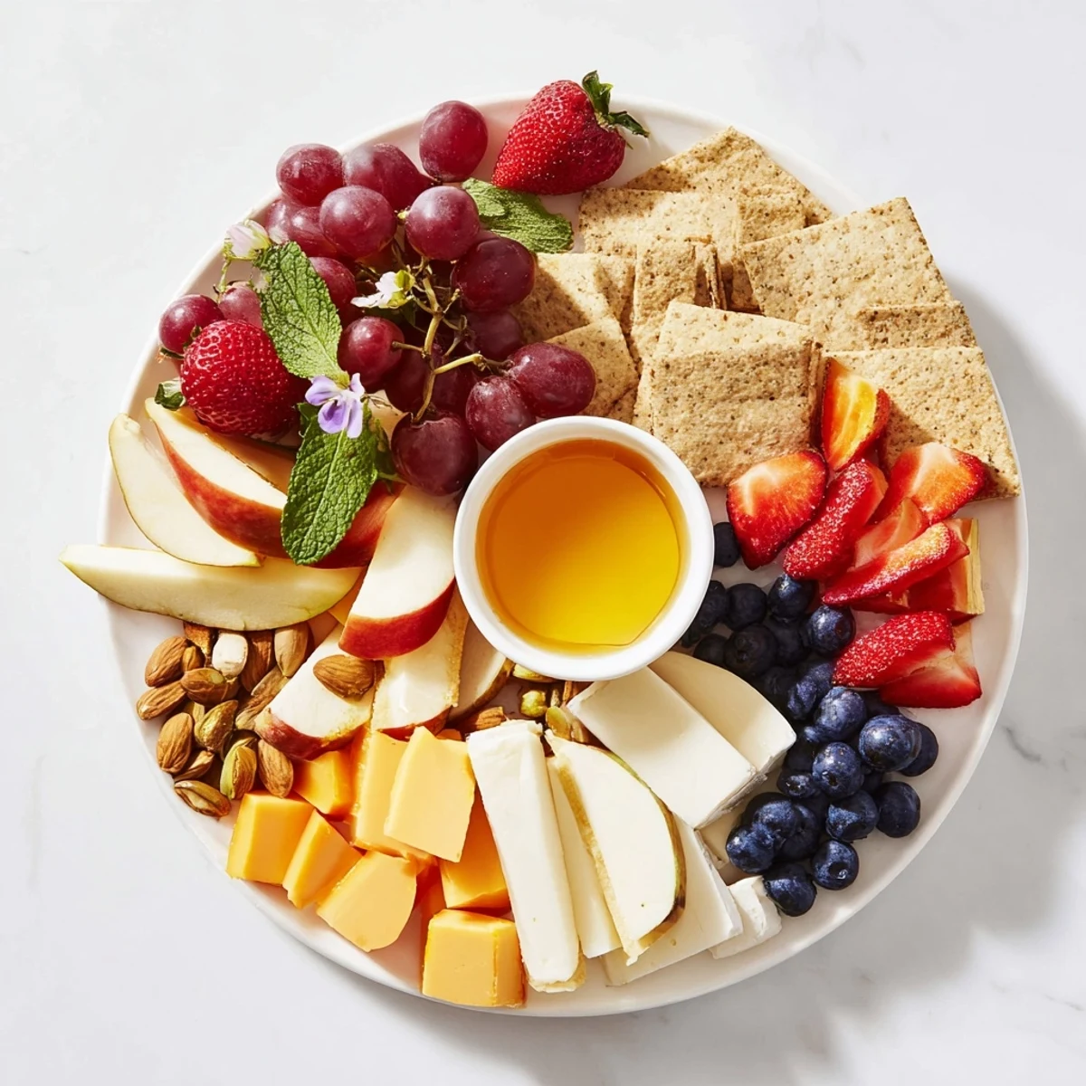 Beautiful "Bears Honey Pot Board" with vibrant fruit, cheeses, and honey for dipping and sharing.