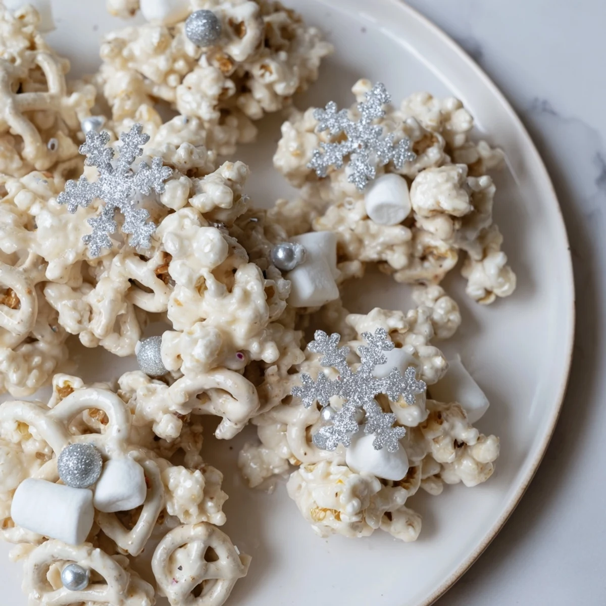 Golden and white, Ski Season Snowflake Snack Mix clusters piled on a baking sheet, ready to cool.