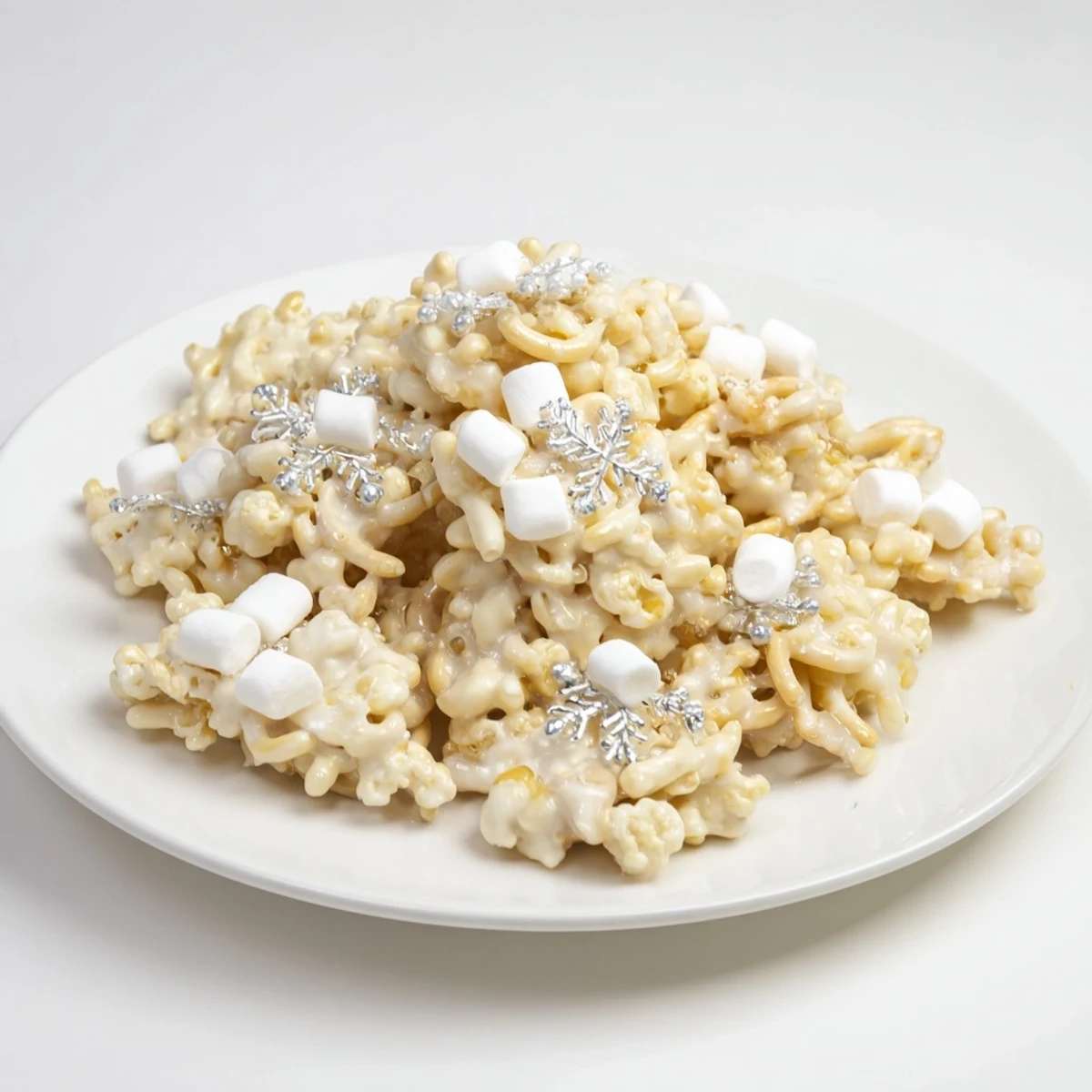 Homemade Ski Season Snowflake Snack Mix, coated in white chocolate, and sprinkled with wintery shapes.