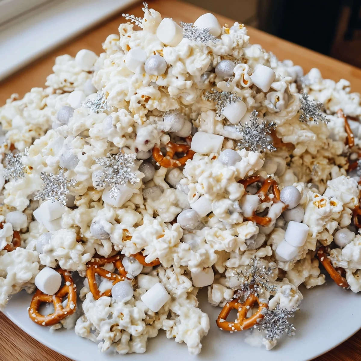 Close-up of a delightful bowl of Ski Season Snowflake Snack Mix: crisp pretzels, popcorn, and sprinkles.