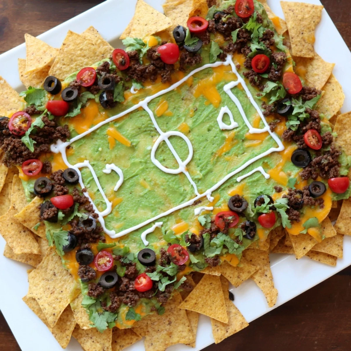 A visually stunning soccer field nacho platter with melted cheese, beef, and vibrant toppings.