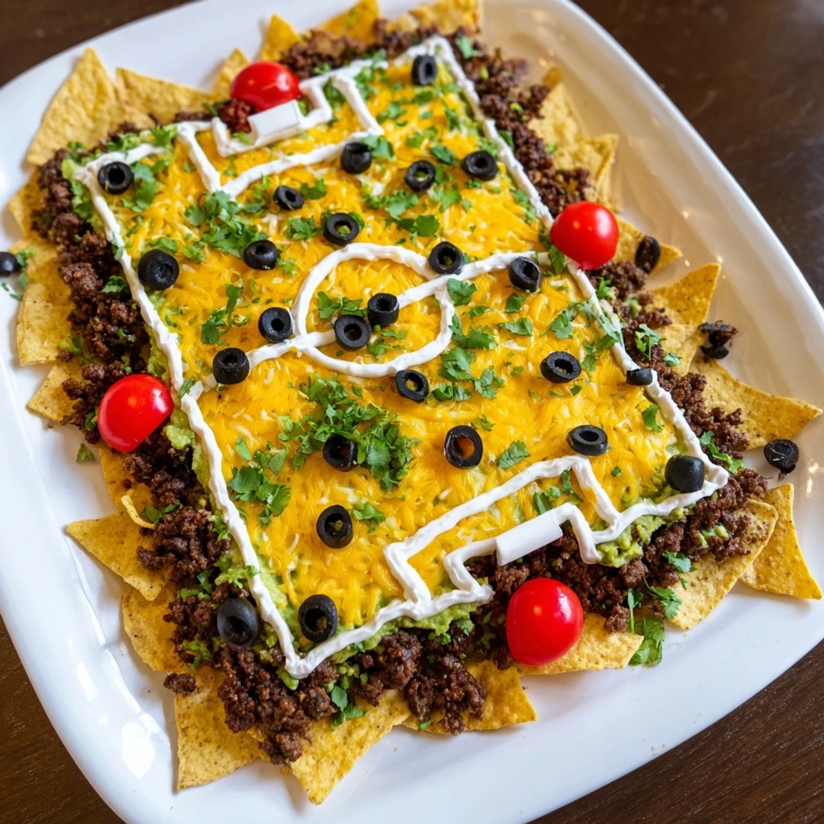 This impressive soccer field nacho platter features a field of guacamole and colorful, flavorful toppings.