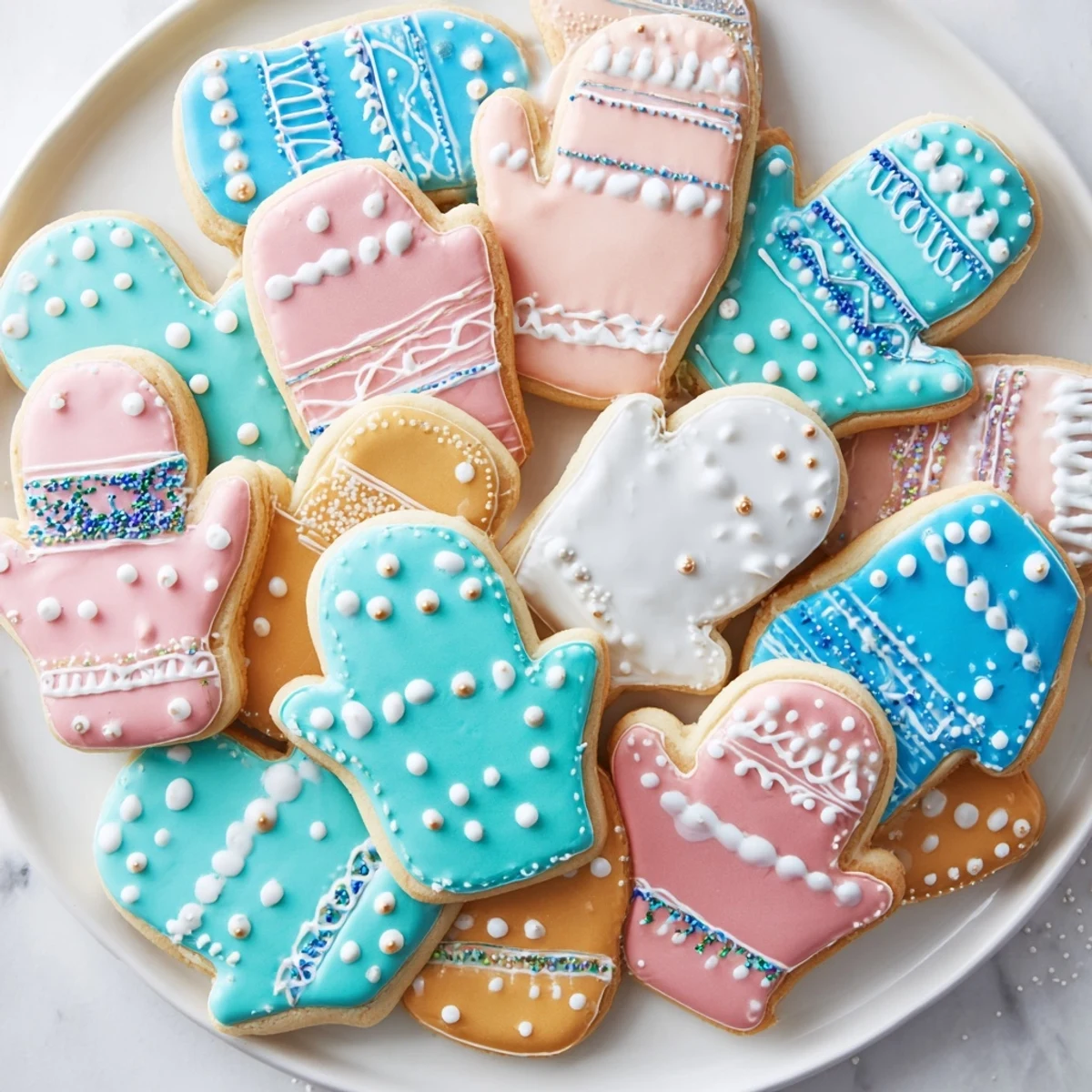 Warm & toasty mitten cookies, delightfully decorated, presented as a dazzling display.