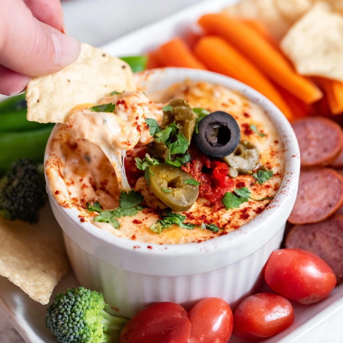 Molten lava flow volcano dip bubbling with melted cheese, served with colorful veggies for dipping.