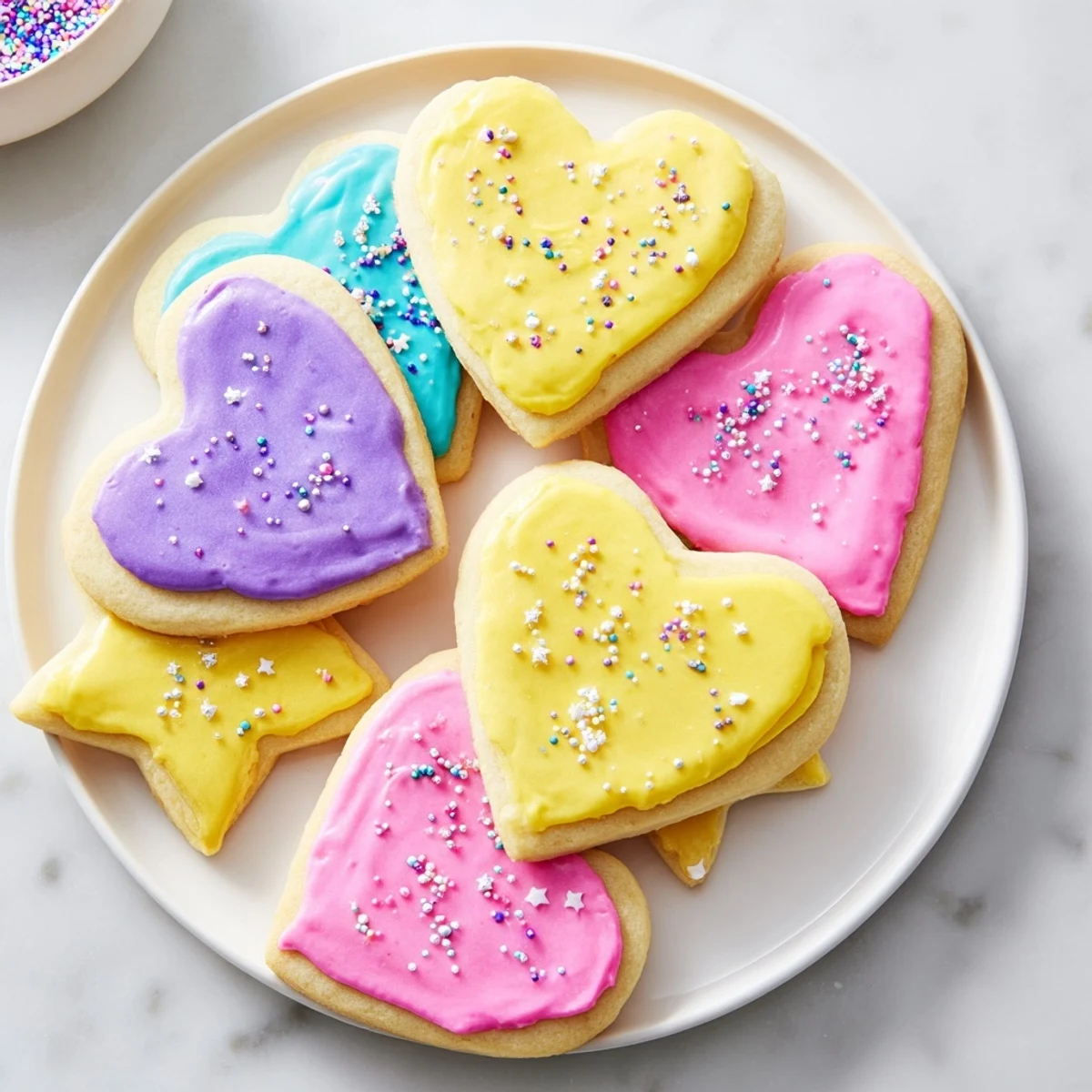 Princess Palace Heart & Star Treats: close-up of glittering heart-shaped sugar cookies, perfect for a magical celebration.