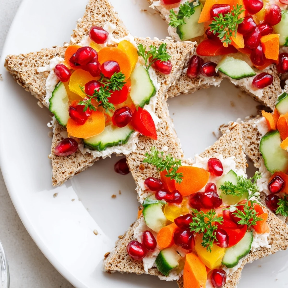 Brightly colored Crown Jewels Star-Shaped Sandwiches with a creamy filling and fresh vegetable garnishes.