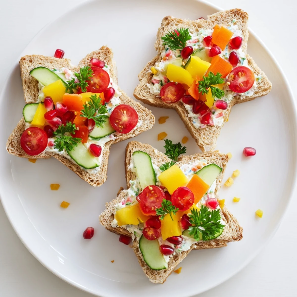 Party-ready Crown Jewels Star-Shaped Sandwiches, showcasing a close-up of colorful veggie fillings between bread stars.