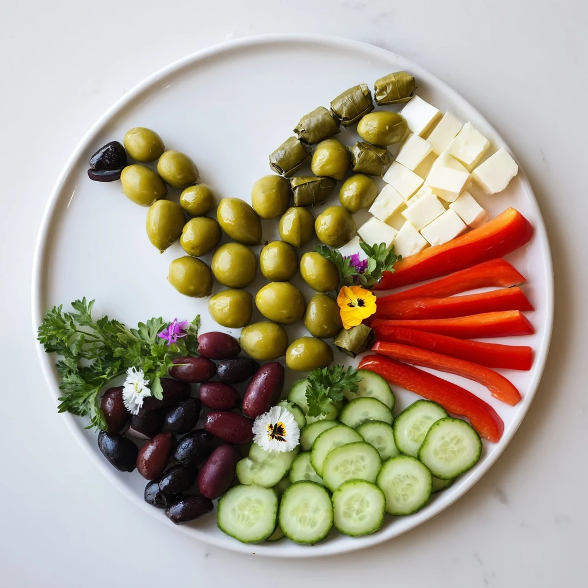 Vibrant Colombe de la Paix olive platter with olives, cheeses, and colorful fresh vegetables arranged for sharing.