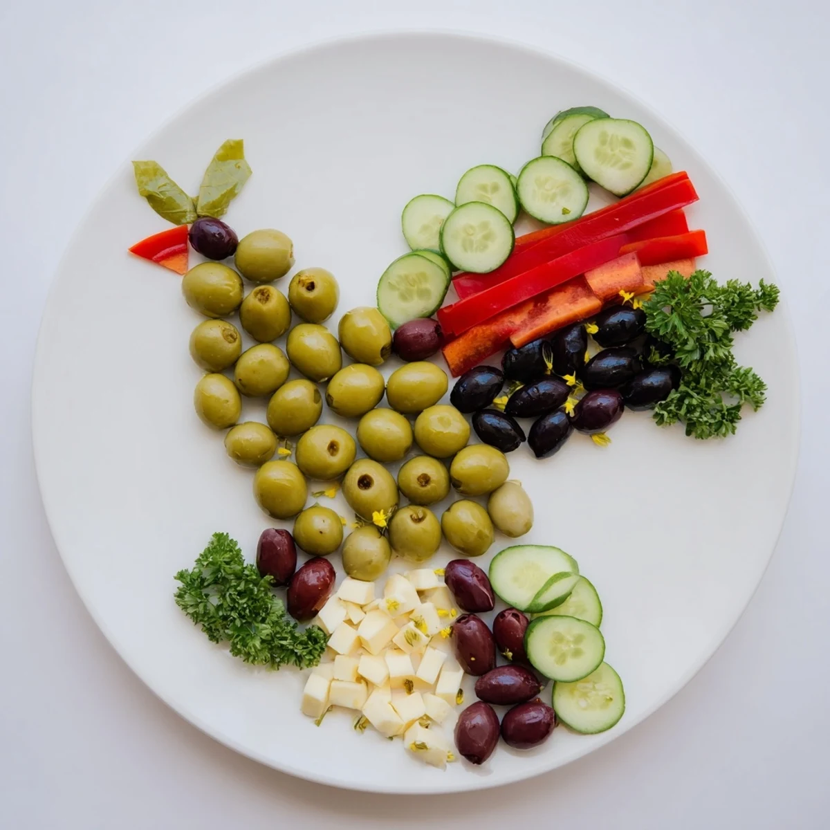 Beautiful dove-shaped Colombe de la Paix olive platter, featuring olives, cheeses, and tasty accompaniments for a party.