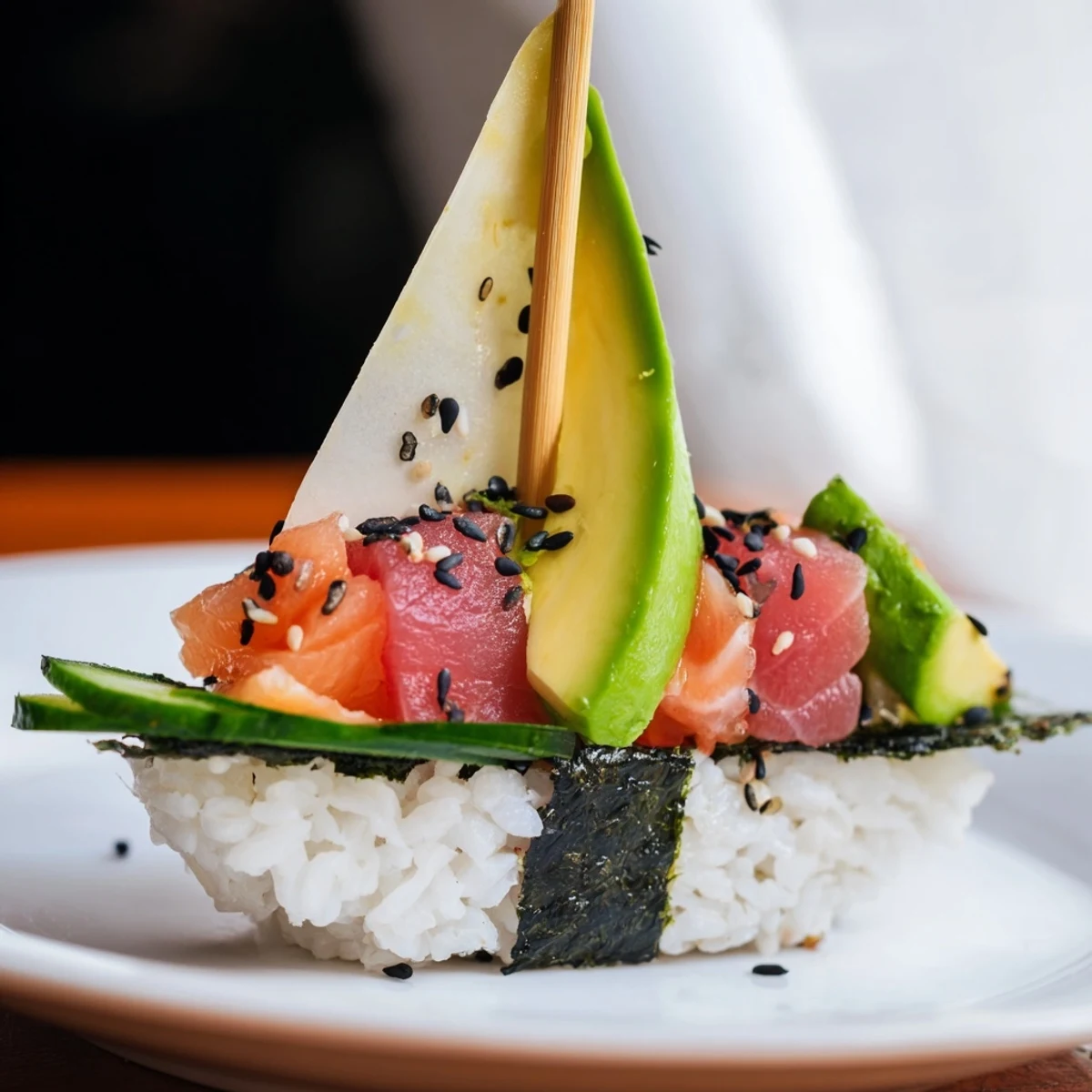 A beautifully plated arrangement of whimsical sushi sailboats at sea with fresh fish and vegetables.