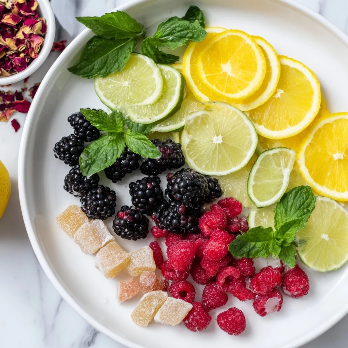 Champagne Bar Garnishes: a colorful array of fresh fruit, herbs, and flowers ready to elevate bubbles.