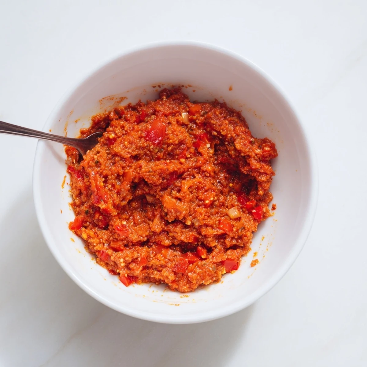 A vibrant photo of the Volcanic Lava Spicy Dip, a fiery red dip ready to serve with crackers.