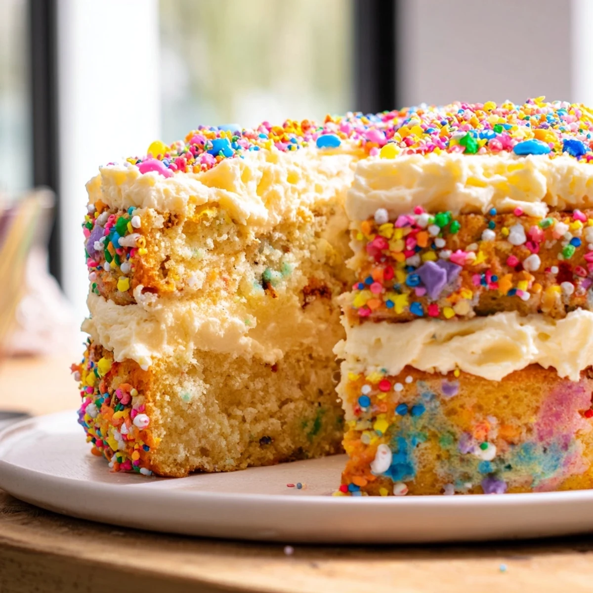 Moist Happy Birthday Cake slice, showcasing a beautiful buttercream swirl and bright, celebratory sprinkles on top.