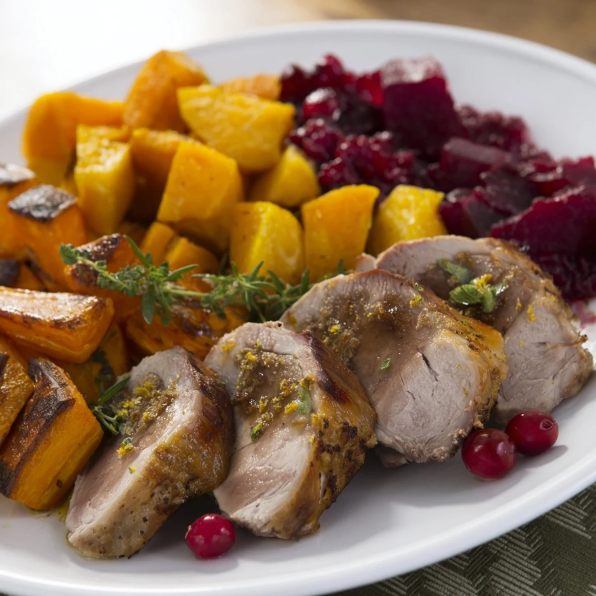 Golden-brown Harvest Turkey Platter with savory roasted vegetables, perfect for a festive autumn meal.