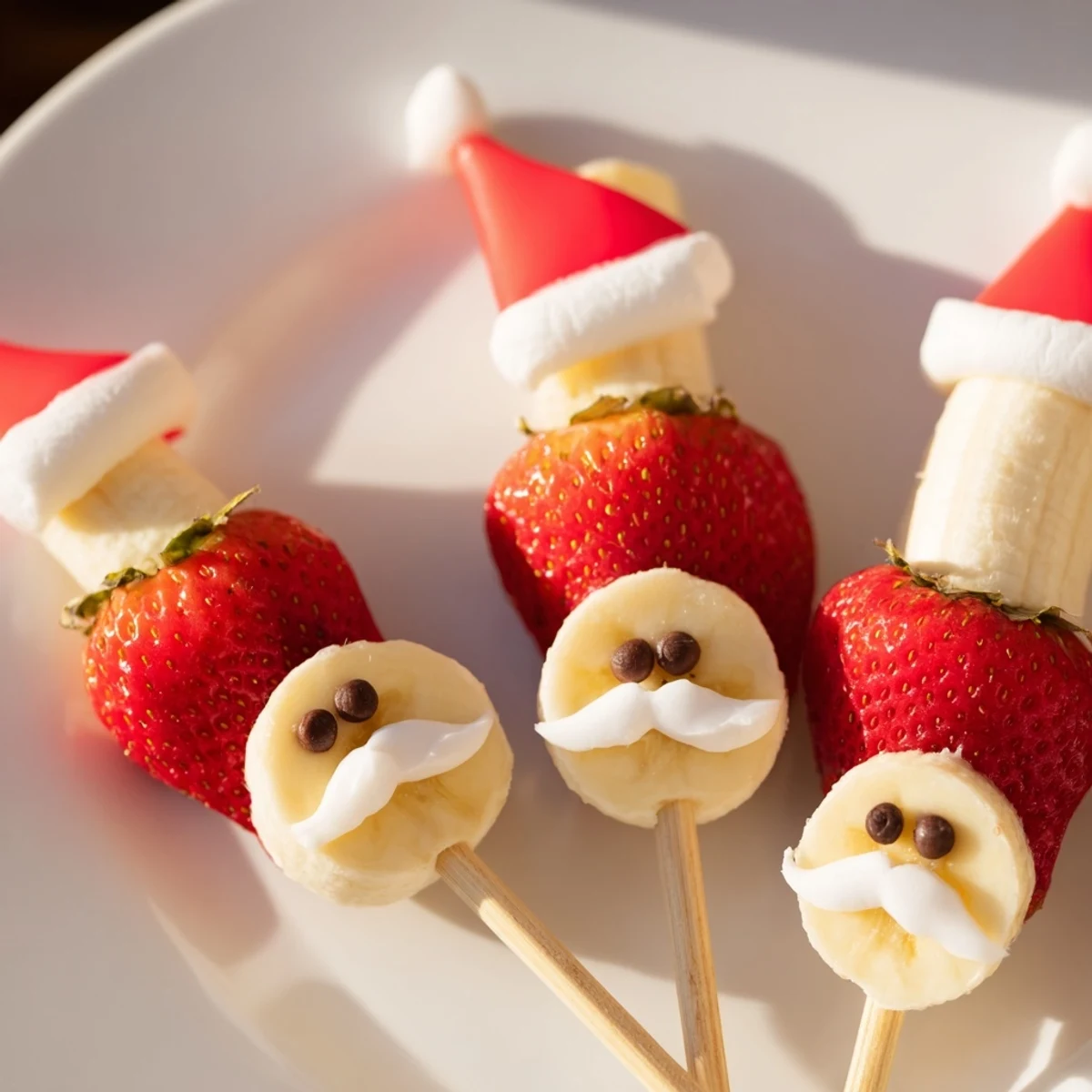 Festive Banana Strawberry Santa Skewers, a fun and easy treat featuring fresh fruit and sweet frosting.
