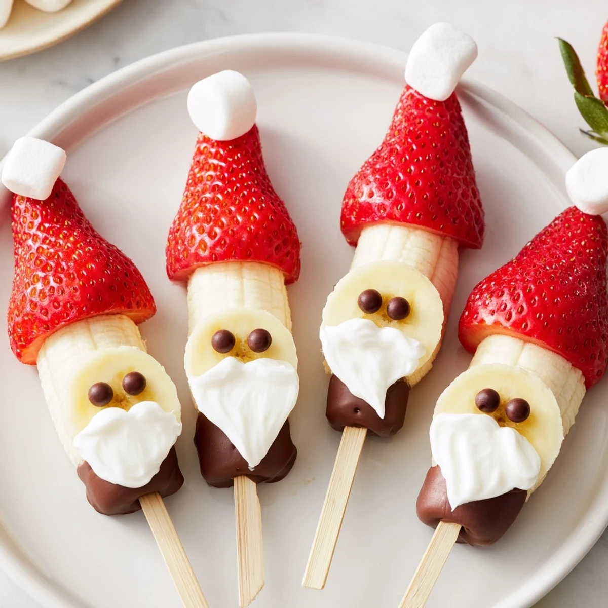 Healthy and delicious Banana Strawberry Santa Skewers piled high on a serving platter, perfect for snacking.