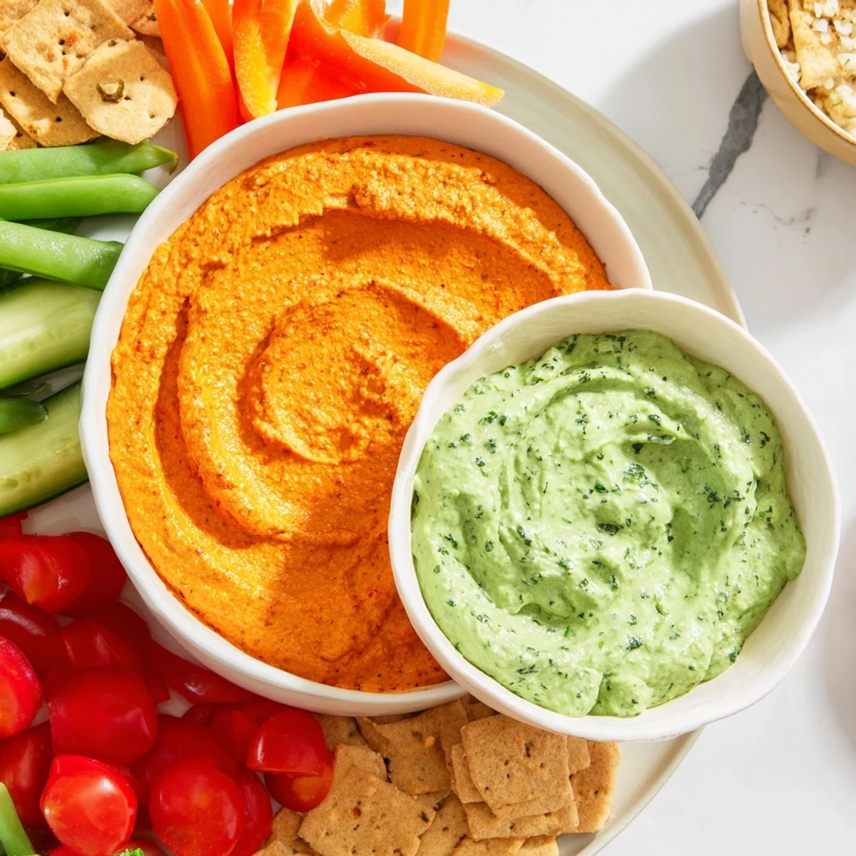 Festive Dip Duo Board with bright red and green dips, perfect for holiday entertaining, alongside colorful dippers.