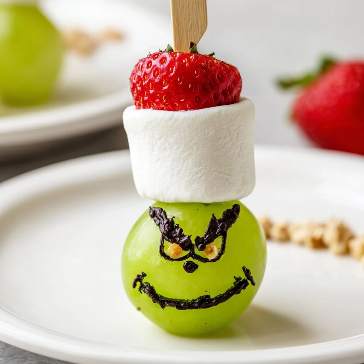 Grinch Snack featuring green grapes and marshmallow faces, perfect for a festive holiday treat.