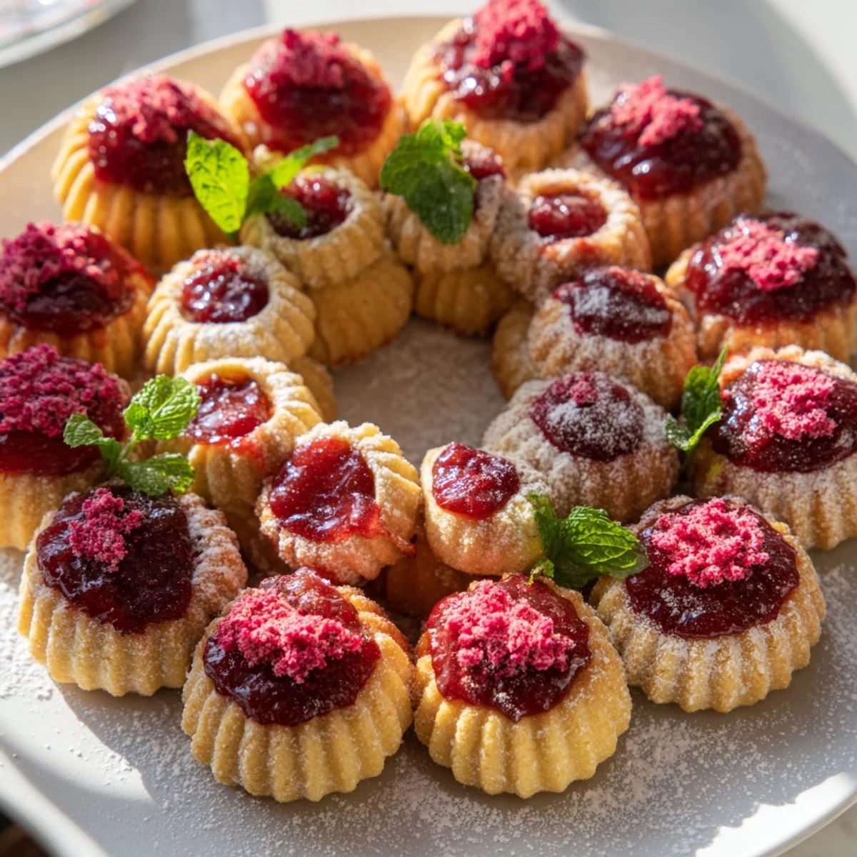 Sweet Raspberry Wreath cookies, buttery, beautifully arranged; a holiday dessert with powdered sugar.