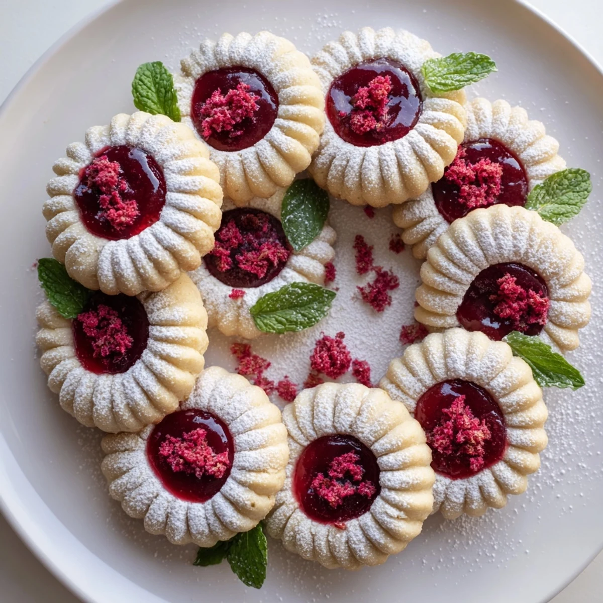 Freshly baked Raspberry Wreath cookies, their jam filling visible, ready for gifting this season.