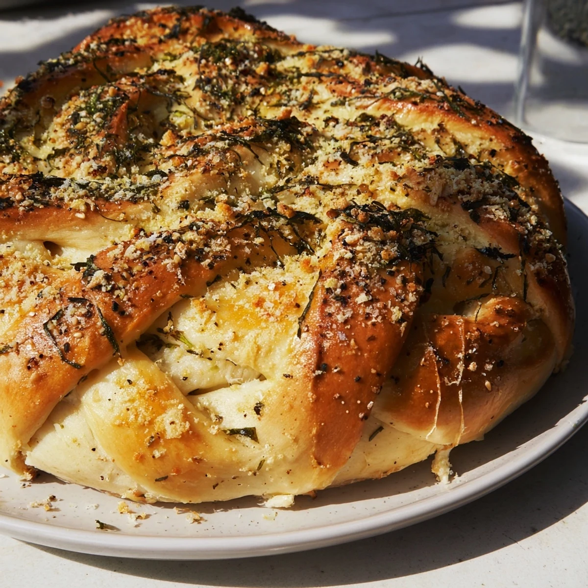 Golden-brown Savory Herb and Cheese Olive Wreath, fresh from the oven, offering warm, cheesy, pull-apart goodness.