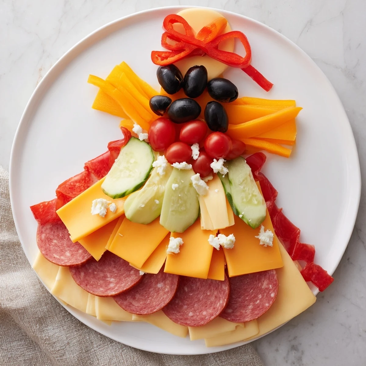 Savory Gingerbread Man charcuterie board, filled with meats, cheeses, and colorful vegetable garnishes, ready to enjoy.