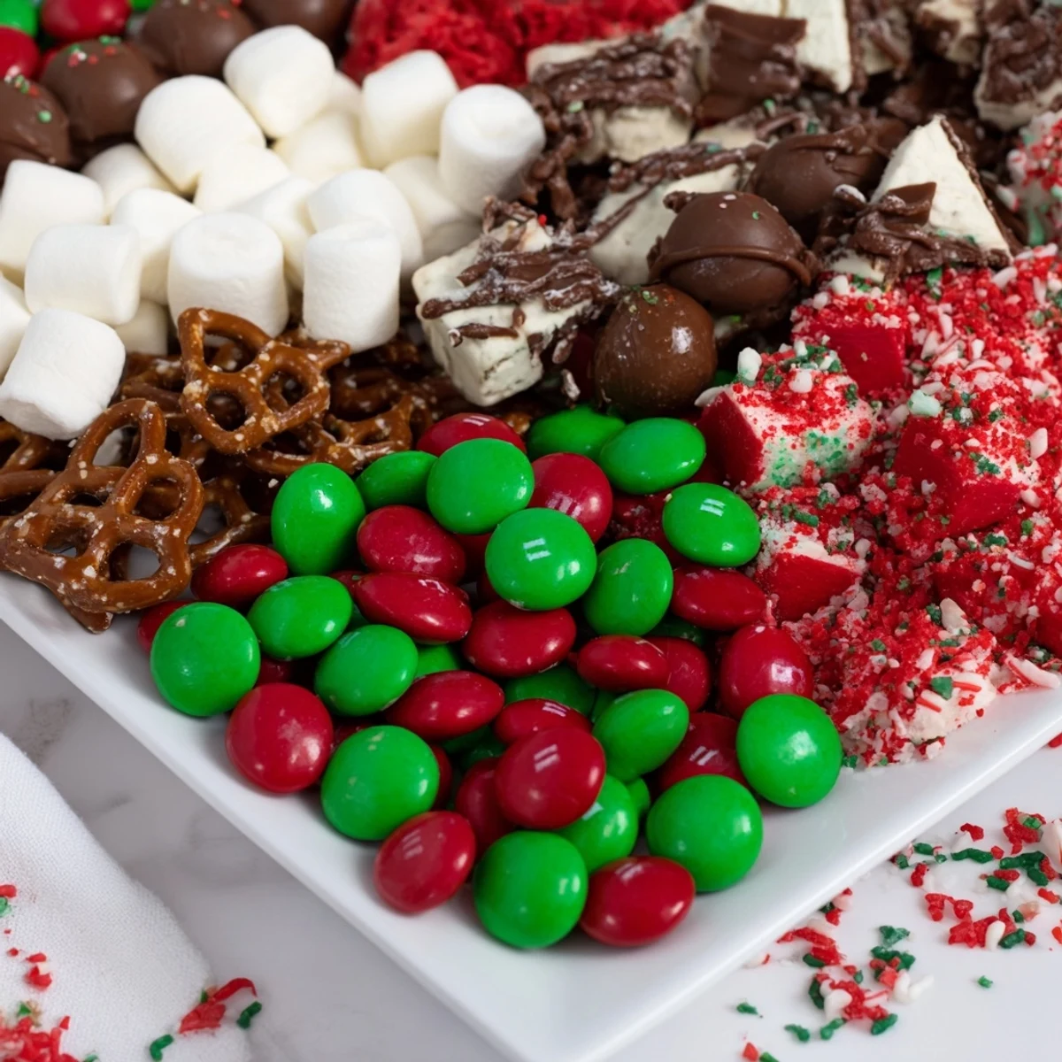 A vibrant Santa's Sack Candy Avalanche bursting with colorful candies and cookies for a holiday treat.