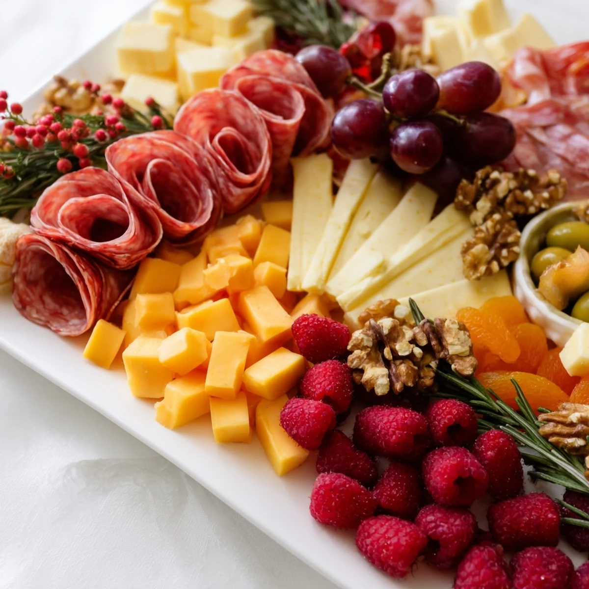 A stunning holiday Festive Stocking Charcuterie Board with colorful meats, cheeses, and fresh garnishes.