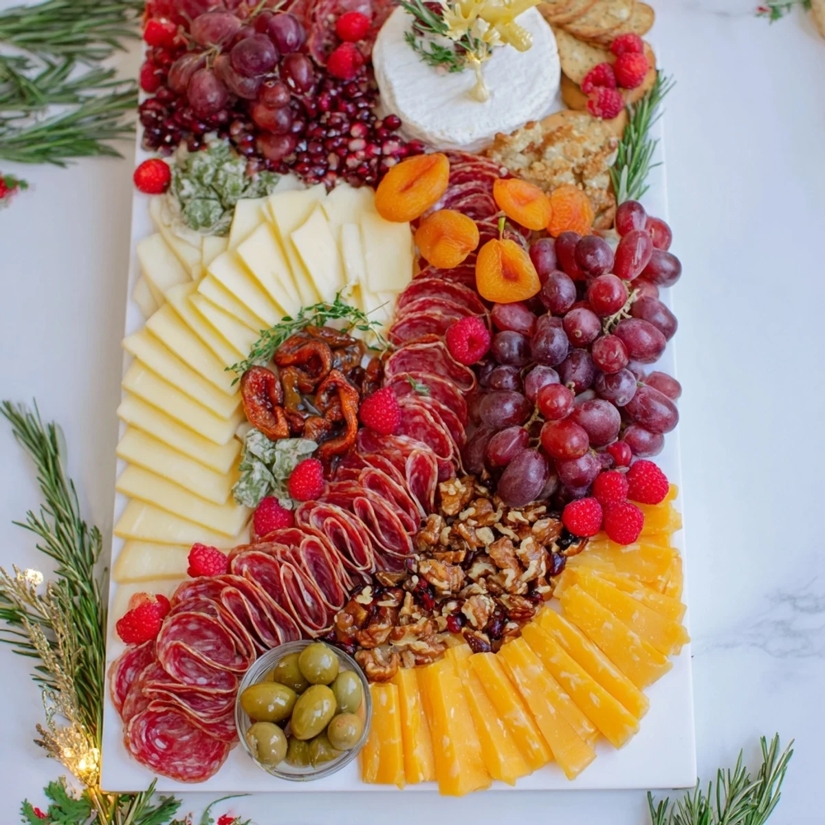 Festive stocking charcuterie board overflowing with meats, cheeses, and fruit, ready to serve for holiday guests.