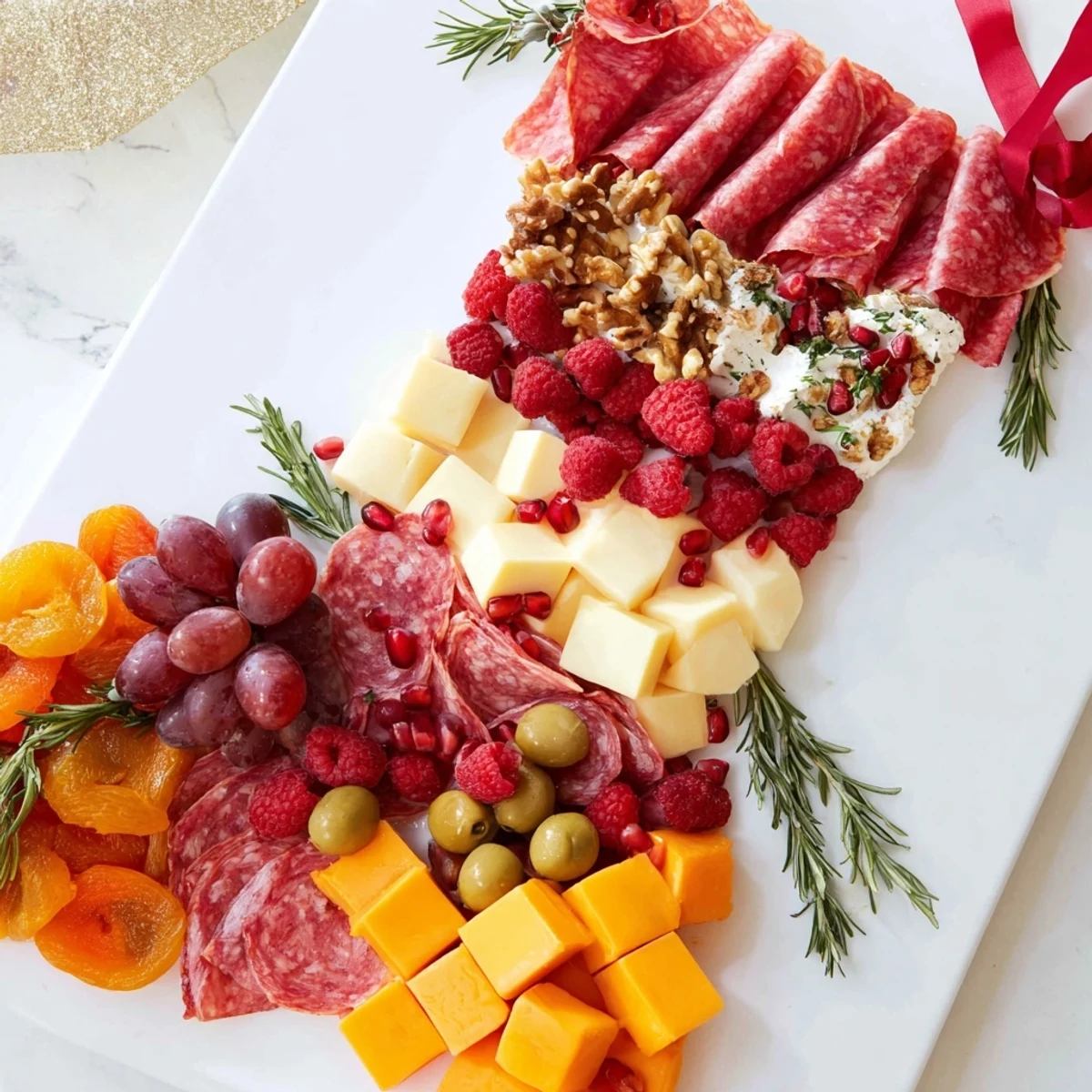 Delicious festive Stocking Charcuterie Board, arranged for a Christmas party, full of savory meats and tasty cheeses.