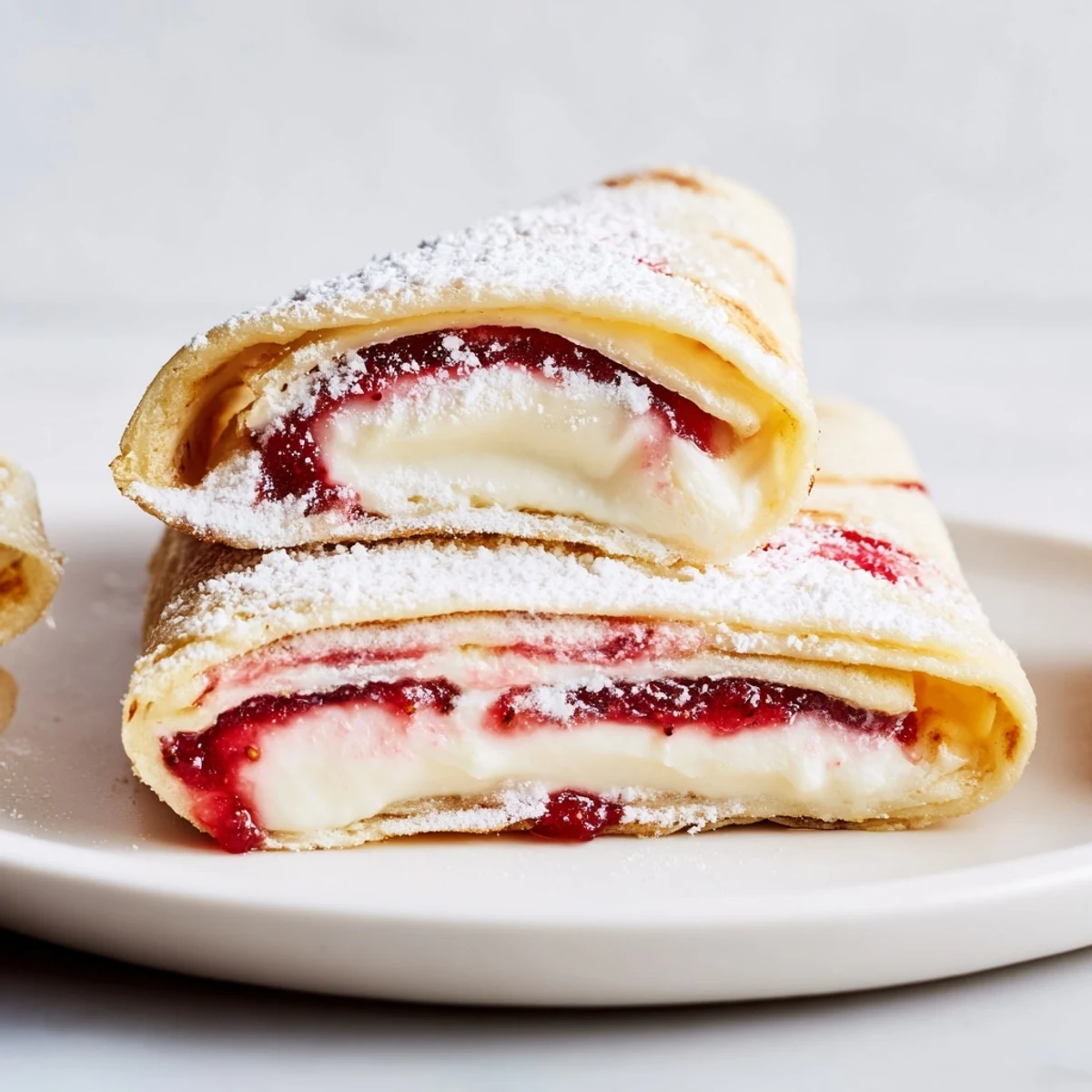 A plate of Snow Angel Tortilla Wraps, cut diagonally, dusted lightly with powdered sugar.