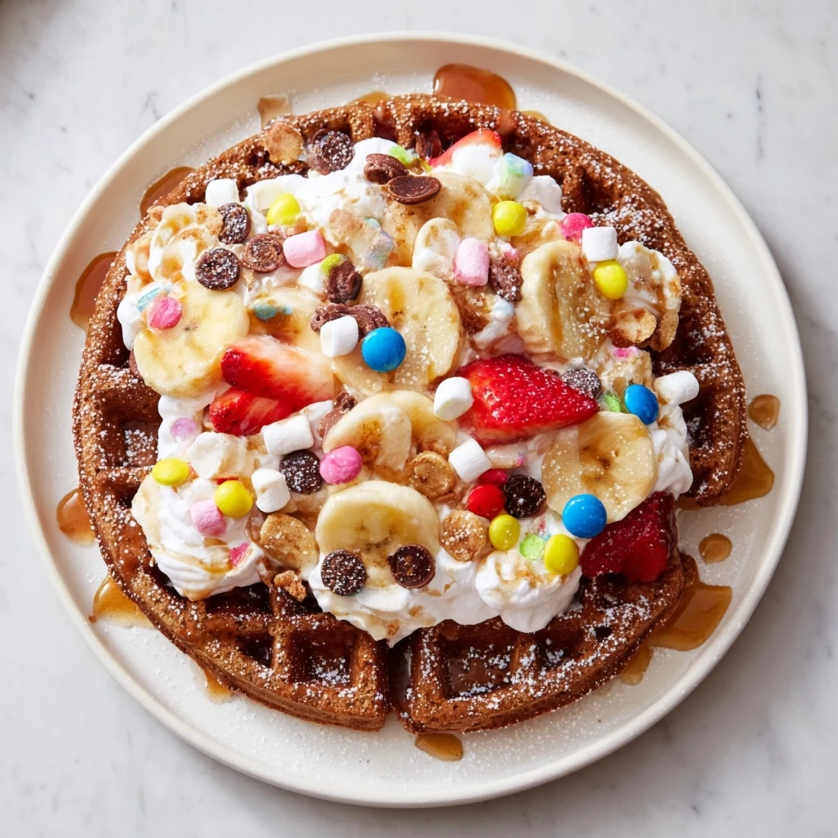 Golden-brown Gingerbread House Waffle Bar with a variety of colorful holiday candy decorations ready to enjoy.