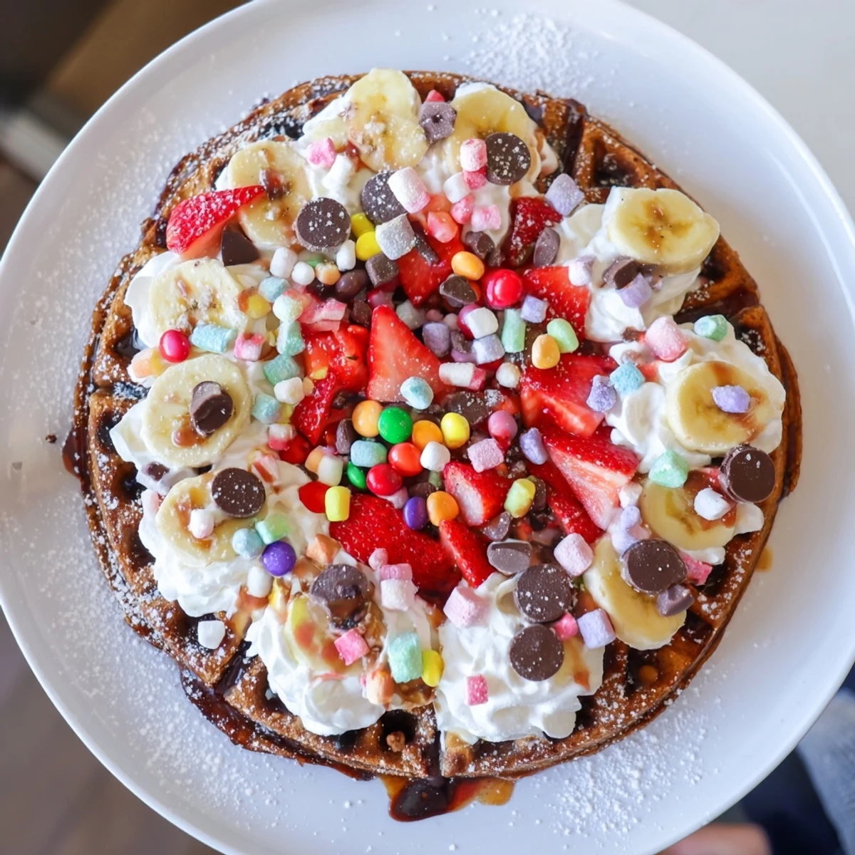 Freshly made Gingerbread House Waffle Bar includes fluffy waffles and a festive arrangement of toppings like marshmallows and strawberries.