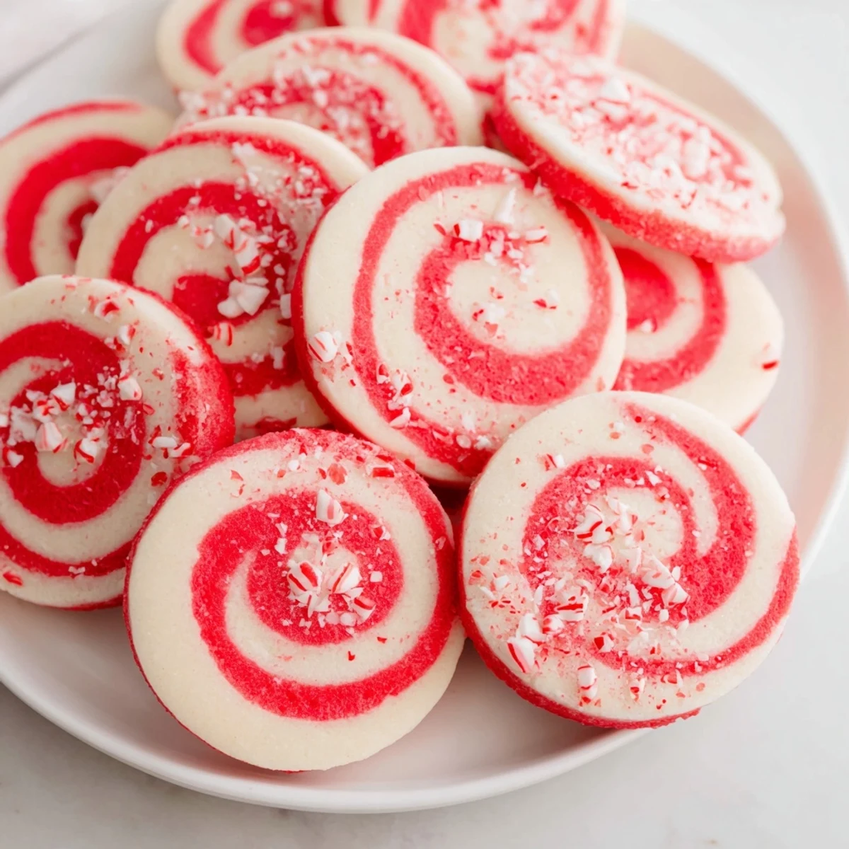 Platter of Candy Cane Swirl Cookies, showing festive red and white swirls, ready for serving guests.