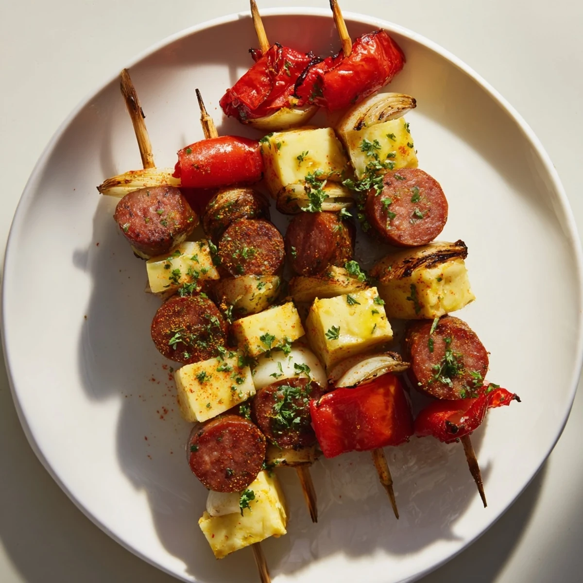 Savory skewers, featuring chimney stack sausage and cheese, grilled with colorful peppers and onions.
