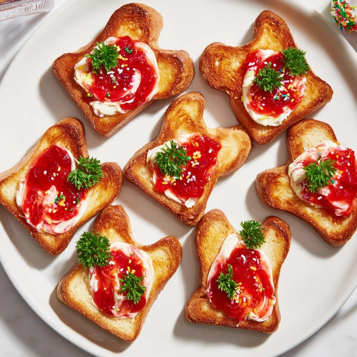 Golden, crispy elf shoe shaped toast bites served with colorful toppings, ready to enjoy.