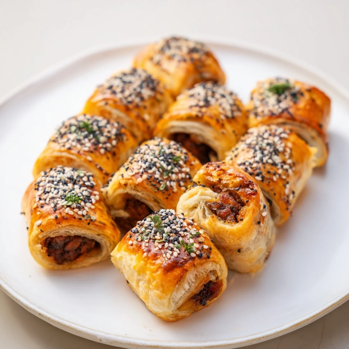 Golden, flaky Savory Bites: Mini Sausage Roll Half-Circle Wreath, invitingly displayed and ready to eat.