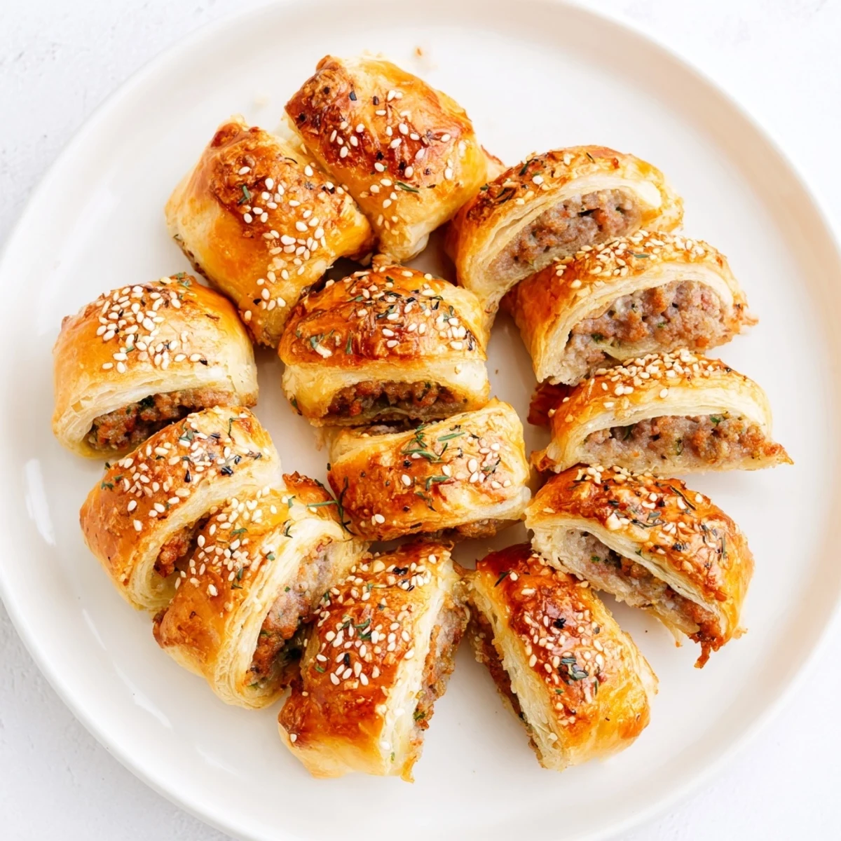 Close-up of baked Savory Bites: Mini Sausage Roll Half-Circle Wreath, showing a savory, festive arrangement.