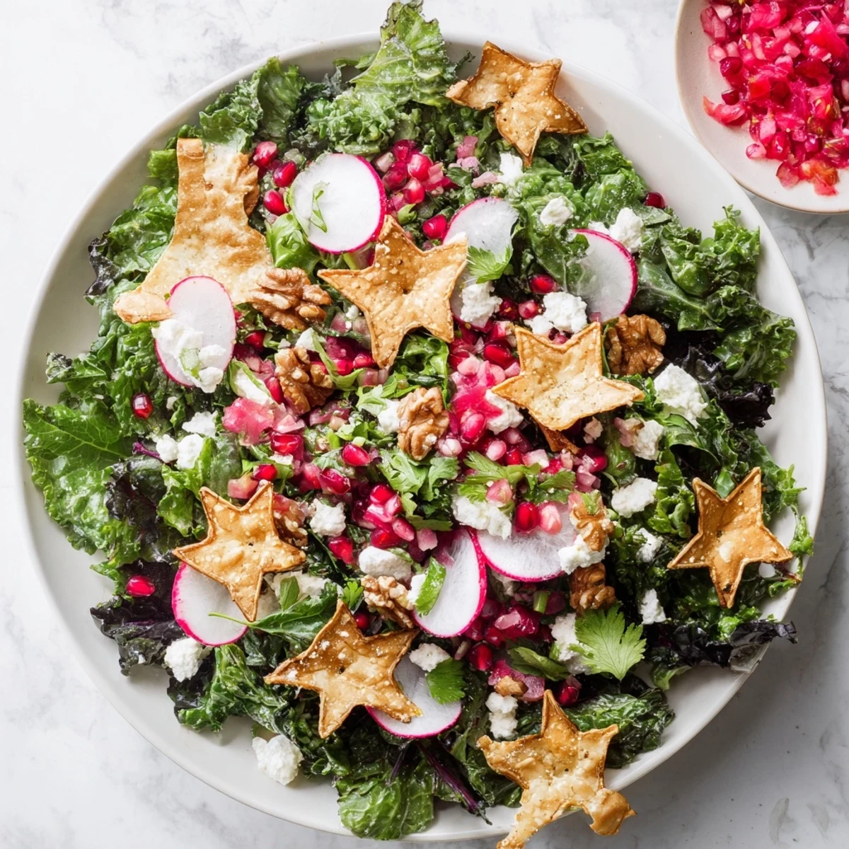 Golden, snowflake-shaped tortilla chips add a festive crunch to this vibrant winter salad recipe.