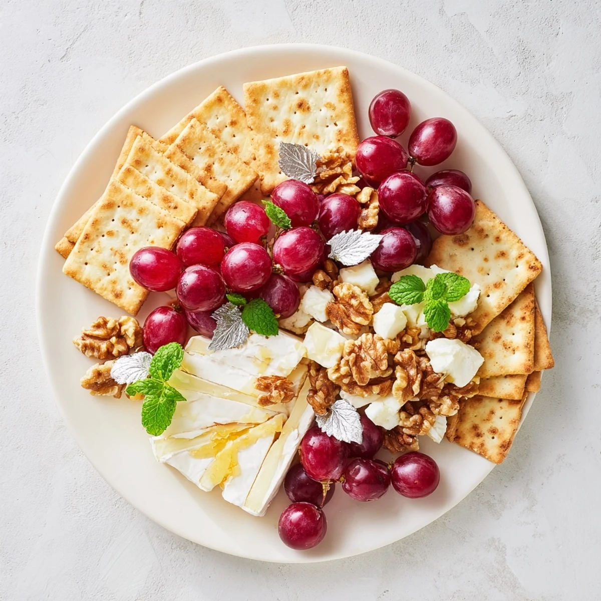 A beautiful appetizer arrangement: Sparkling Grape and silver crackers with honey-drizzled goat cheese and nuts.