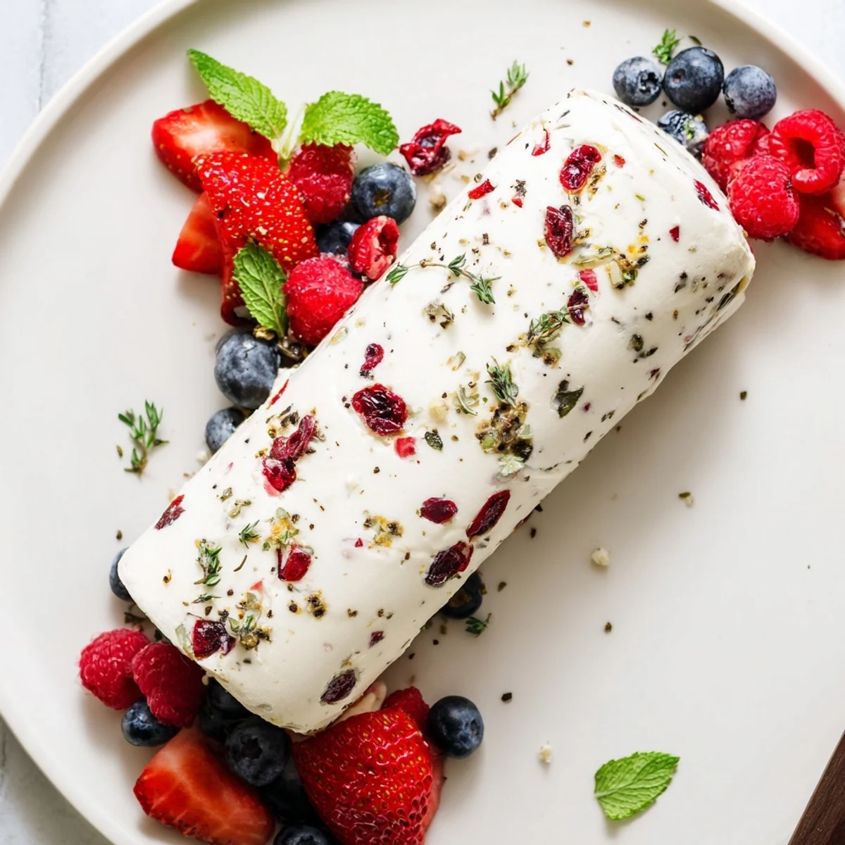 Festive cranberry and goat cheese log with vibrant berries, perfect for a quick and elegant appetizer.