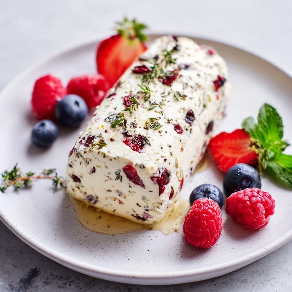 A close-up of a delightful cranberry goat cheese log, showcasing fresh berries for a tasty presentation.