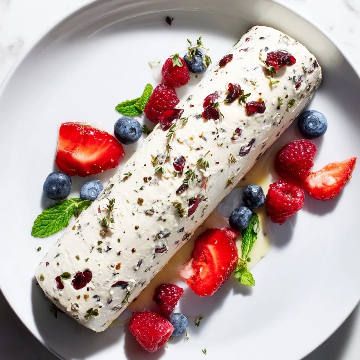Creamy goat cheese log with cranberries and a colorful berry assortment, ideal for entertaining.