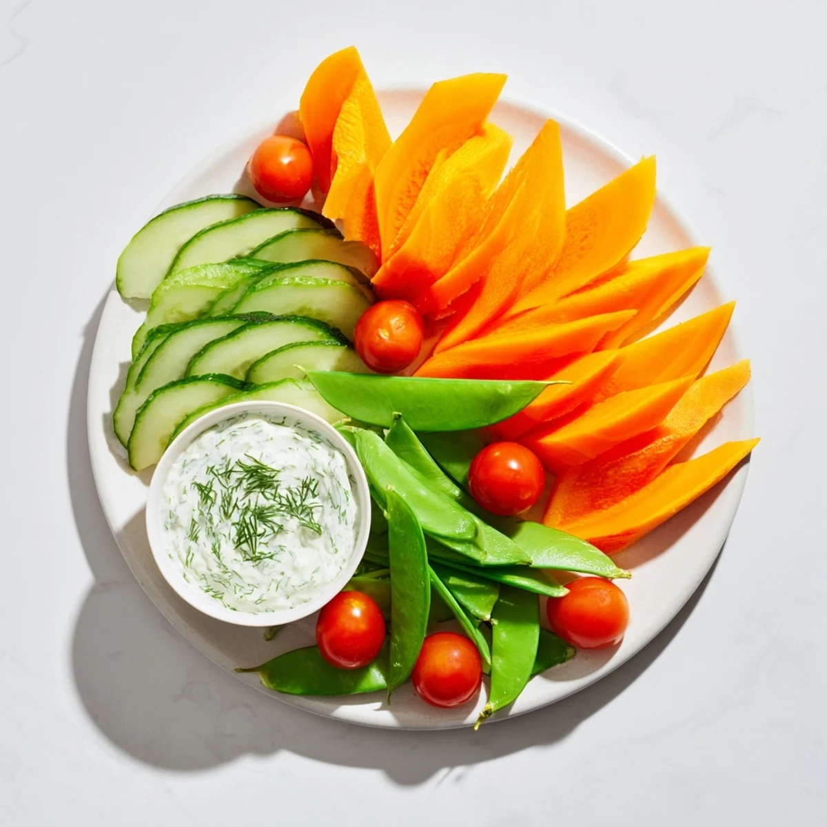 Fresh, colorful Veggie Platter: Fan-shaped cucumbers and carrots arranged, ready to dip in creamy yogurt.