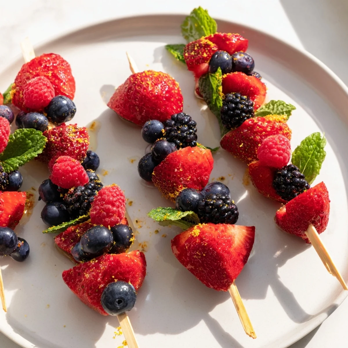 Vibrant fruit skewers showcase juicy berries and refreshing mint, a perfect healthy snack.