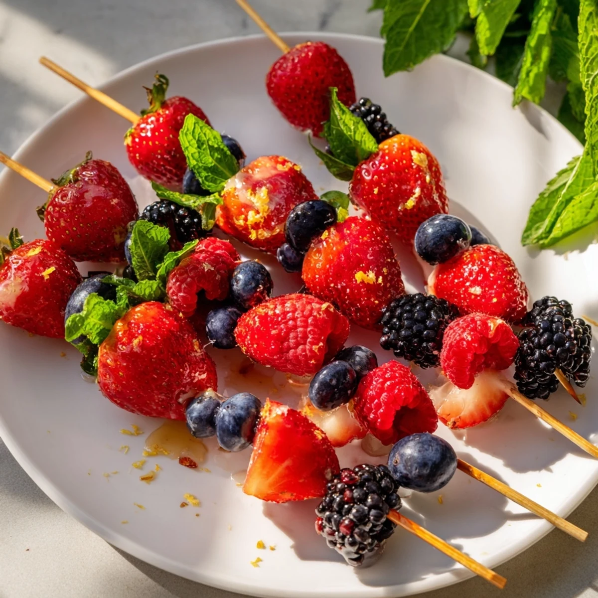 Fresh fruit skewers bursting with color, featuring strawberries, blueberries, and mint for a light dessert.