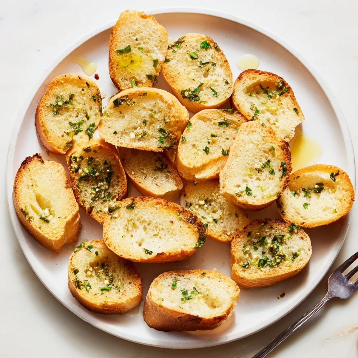 Warm, toasted baguette slices served in a circle, perfect for a French appetizer, ready to eat.