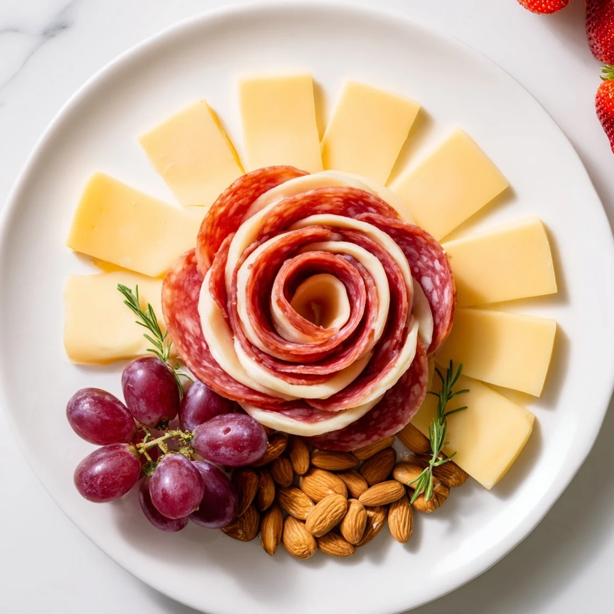 A single-serving Easy Charcuterie board showcasing a vibrant salami rose, cheeses, and fresh fruits.