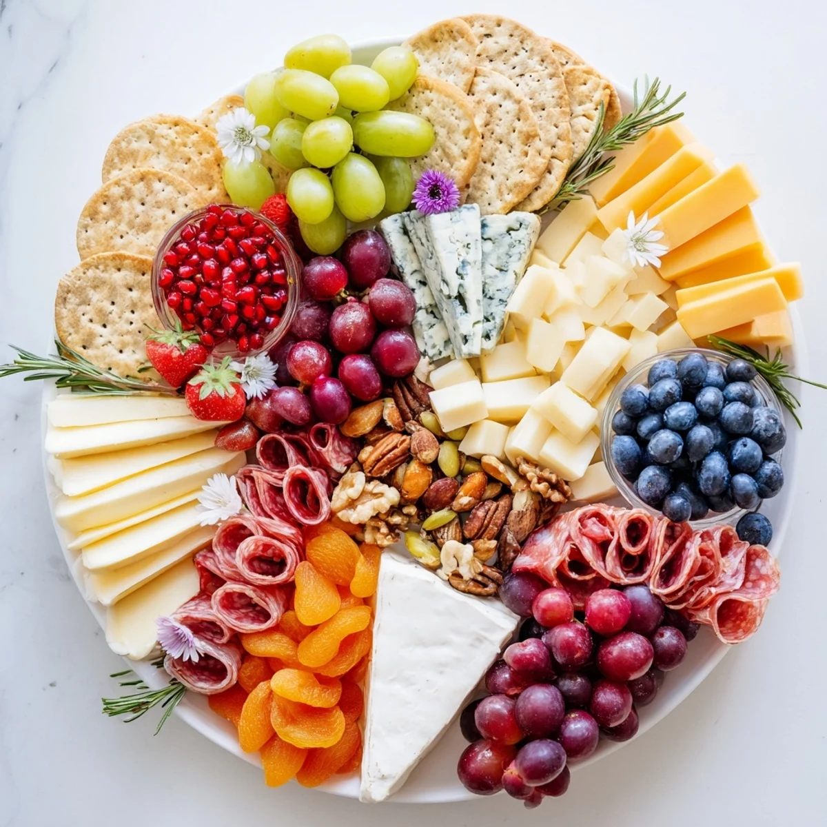 A Nutcracker Suite Board overflowing with colorful cheeses, meats, fruits, and sweets for festive grazing.